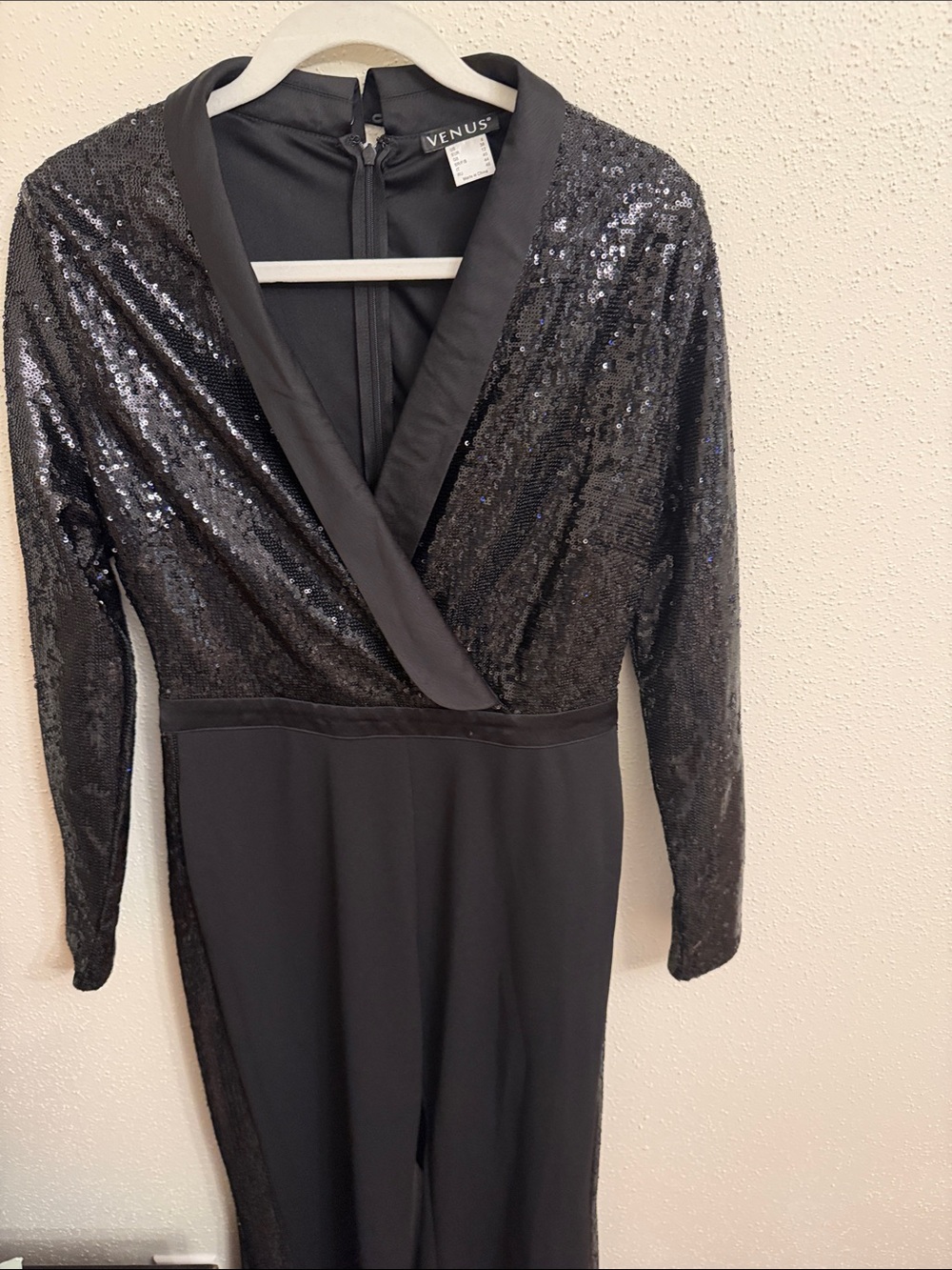VENUS Black Sequin Wrap-Front Long Sleeve Jumpsuit size 6